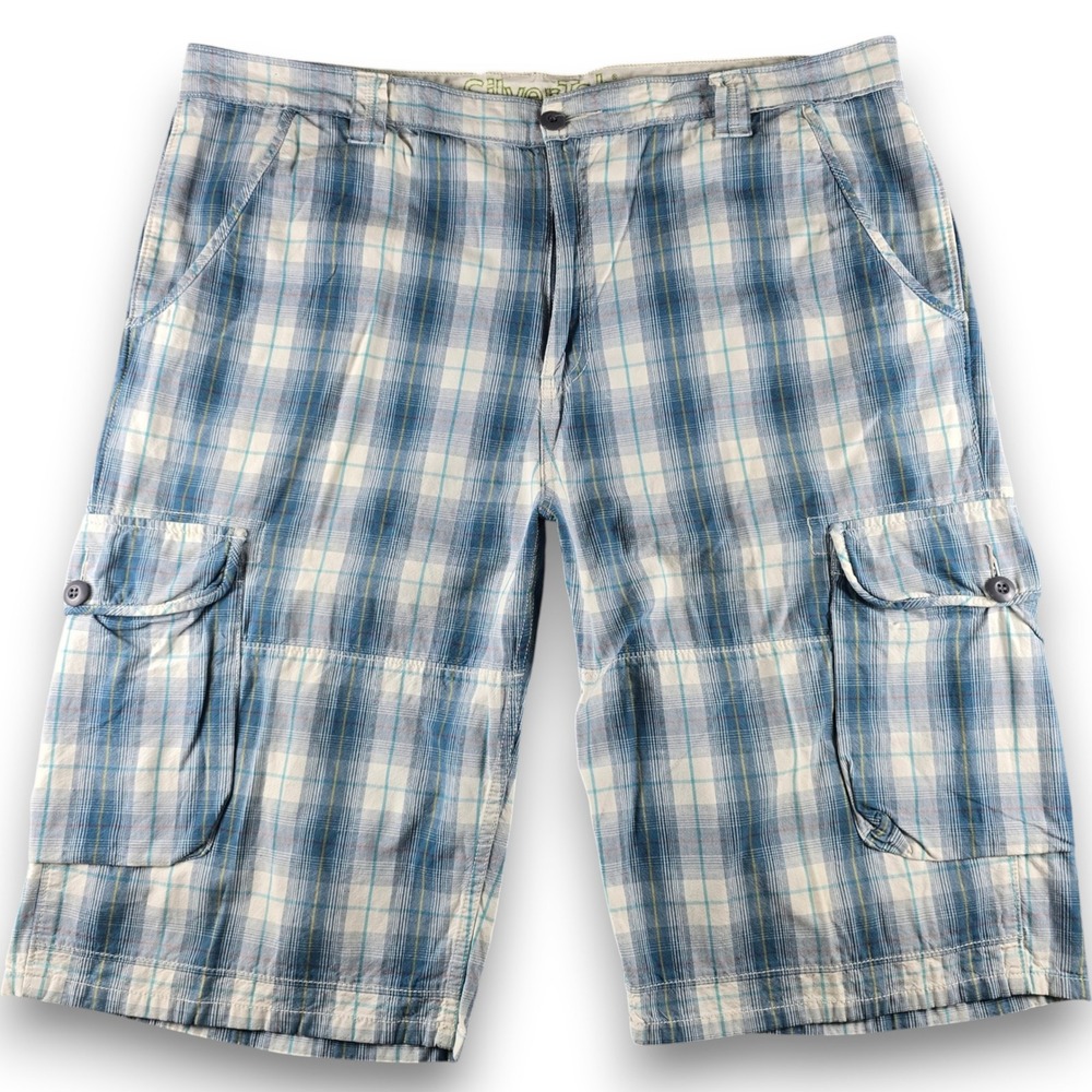 Levis SilverTab Mens W40 Cargo Shorts Blue Plaid 14" Inseam 6 Pocket Relax Y2K